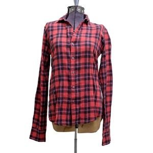 American Colors Red Plaid Shirt Crinkle Cotton 90s Sz S